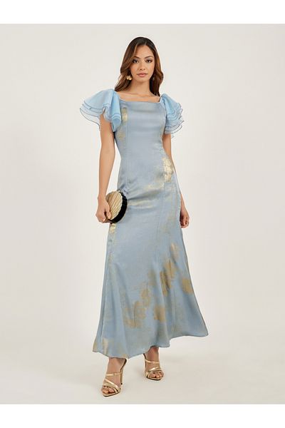 Styli Jacquard Print Mermaid Maxi Dress with Ruffled Sleeves