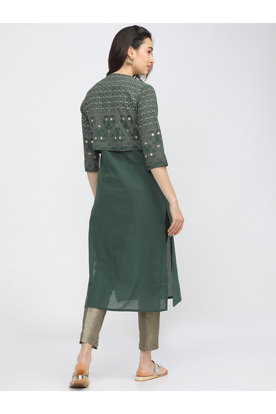 Vishudh By Styli Women Green Printed Kurta With Jacket