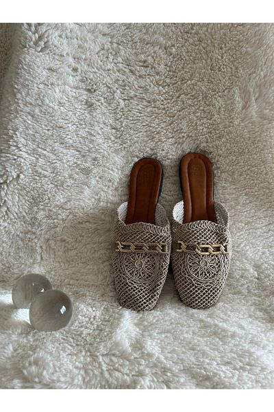 METİC Women's Closed Front Straw Slippers Beige Lace Embroidery