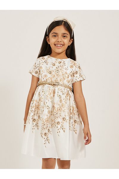 Styli Floral Printed Satin Dress with Glittered Belt Detail