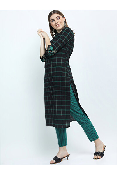 Vishudh By Styli Women Black & Teal Checked Cotton Kurta Set