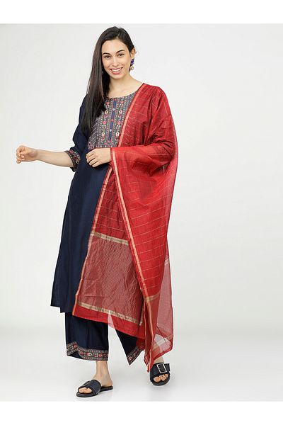 Vishudh By Styli Women Navy Blue & Red Printed Cotton Kurta Set with Dupatta