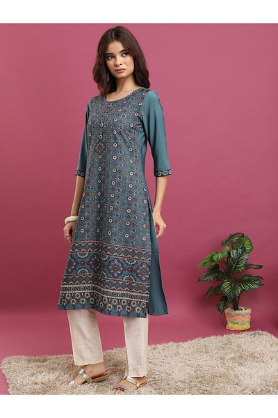Vishudh By Styli Teal Ethnic Motifs Printed Round Neck Straight Kurta