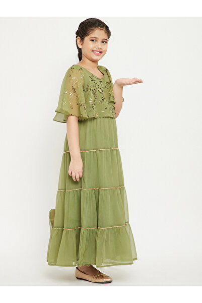 Stylo Bug By Styli Foil Print Cape Sleeves Tiered Maxi Dress