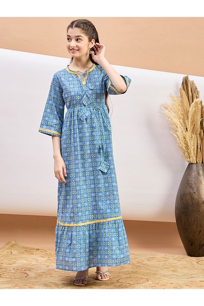 Stylo Bug By Styli All Over Print Tie-Up Neck A-Line Maxi Dress
