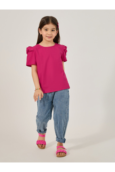 Styli Solid Puff Sleeves Top with Button Closure