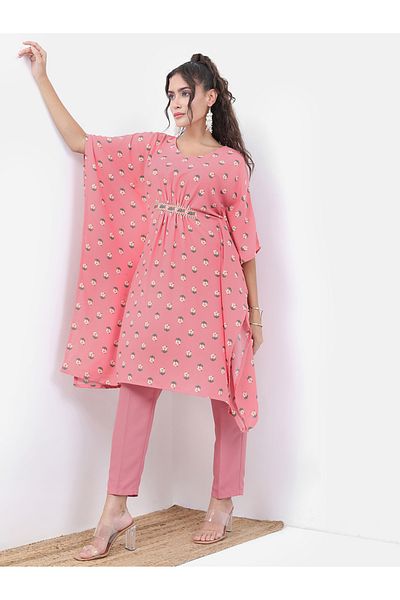Vishudh By Styli Pink Floral Printed Kaftan Set with Trousers