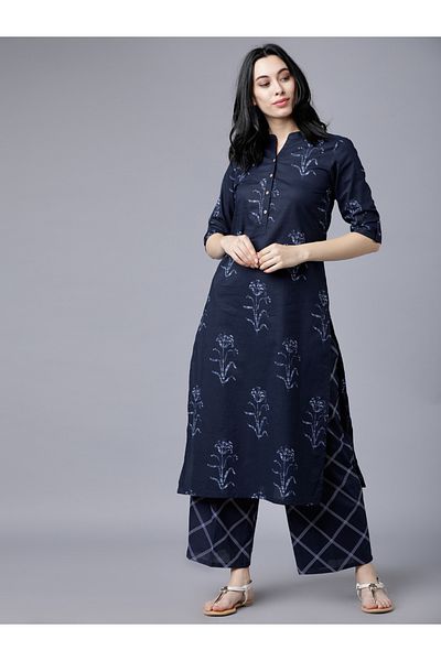 Vishudh By Styli Women Blue Printed Cotton Kurta with Palazzo Pants