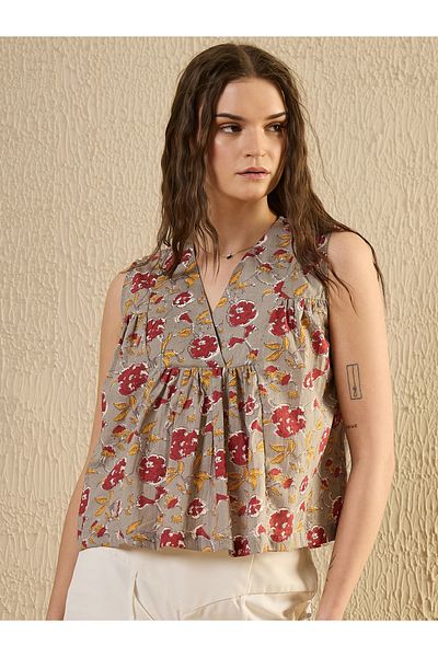 Sanskrutihomes By Styli Grey Floral Print Cotton Top for Women