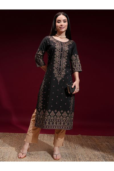 Vishudh By Styli Women Black & Golden Printed Straight Kurta