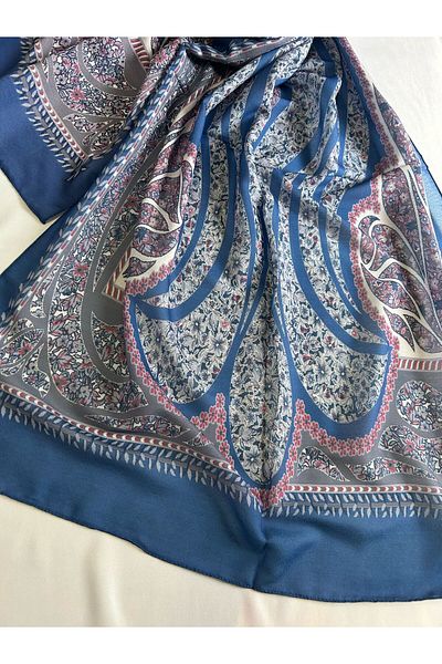 ALTUNTAŞ Women's Cotton Blue Retro Etnic Shawl