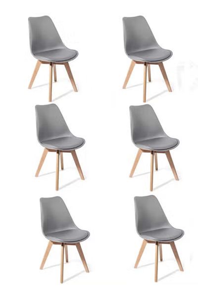 Taimi Pack Of 6 Mid Century Modern Side Chair , PU Leather Soft Padded Seats and Solid Wood Legs Gray