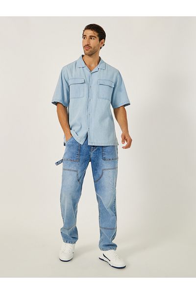 Styli Mens Light Blue Graphic Button-Down Denim Shirt