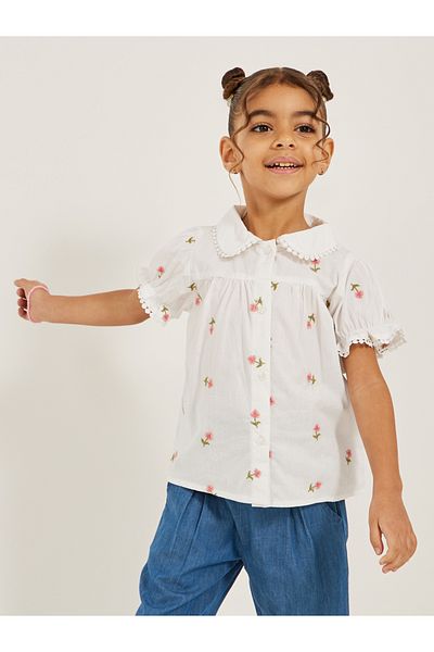 Styli Floral Embroidered Puff Sleeve Shirt