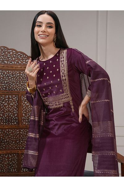 Vishudh By Styli Women Purple Embroidered Kurta Set with Dupatta