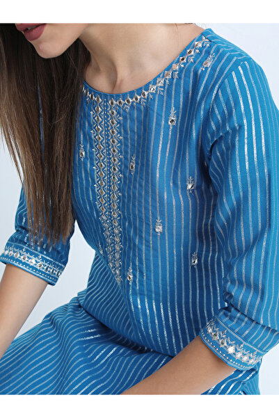 Vishudh By Styli Women Blue Striped Cotton Kurta Set
