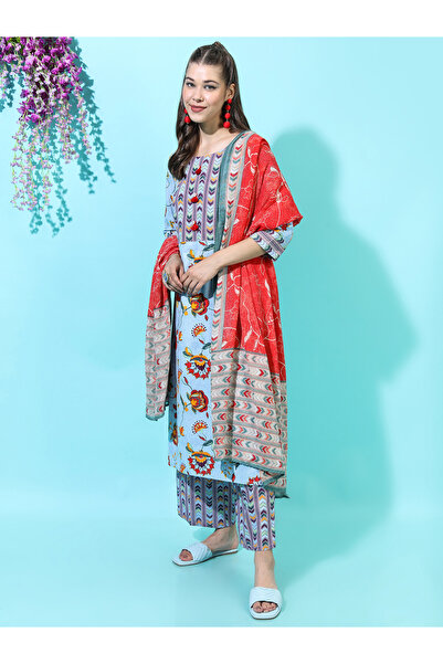 Vishudh By Styli Women Blue Floral Cotton Kurta Set with Trouser and Dupatta