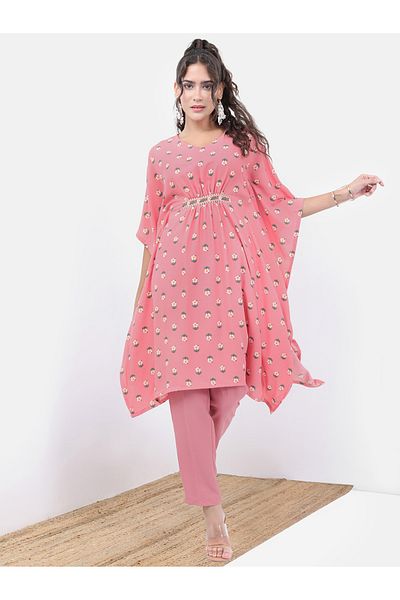 Vishudh By Styli Pink Floral Printed Kaftan Set with Trousers