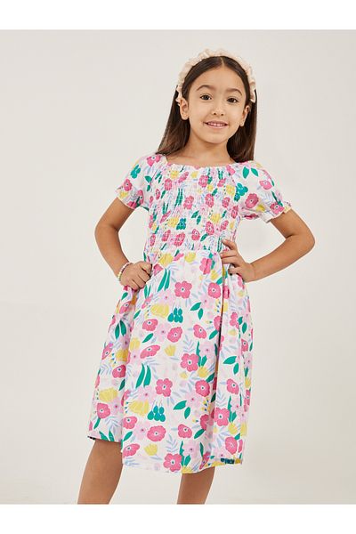 Styli Floral Print Smocked A-Line Dress