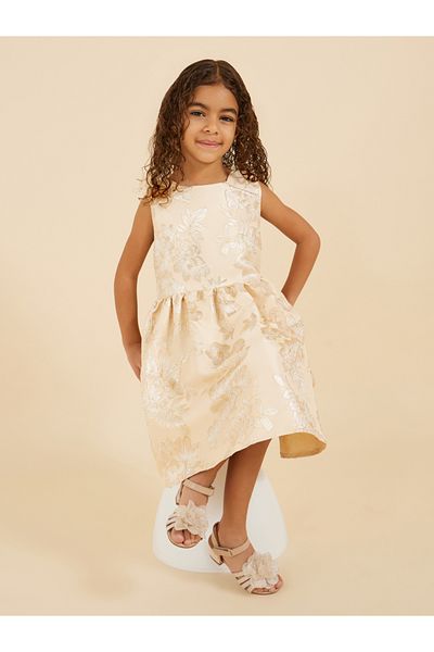 Styli Floral Jacquard Sleeveless A-Line Dress with Bow Detail