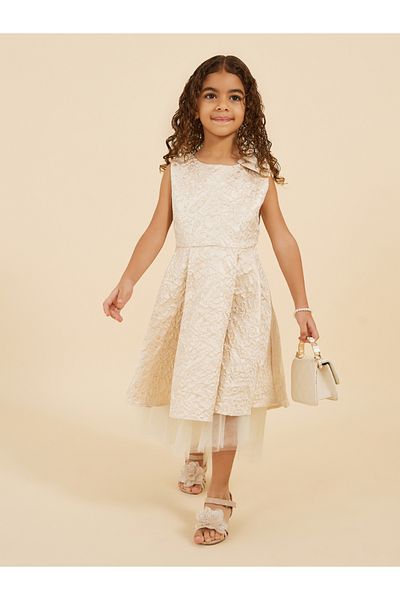 Styli Jacquard Mesh Hem Pleated Bow Detail Dress