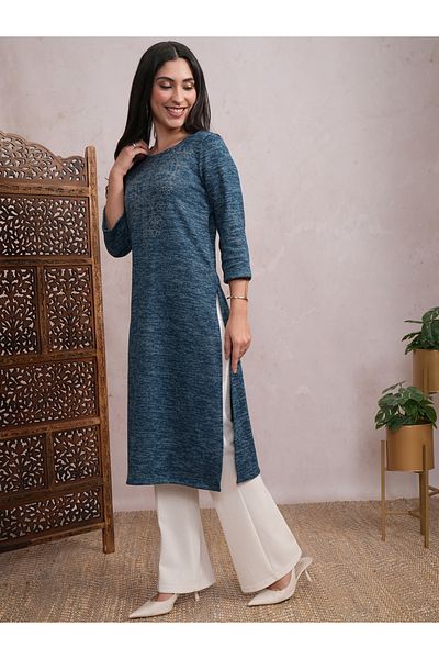 Vishudh By Styli Teal Blue Abstract Printed Sequined Straight Kurta