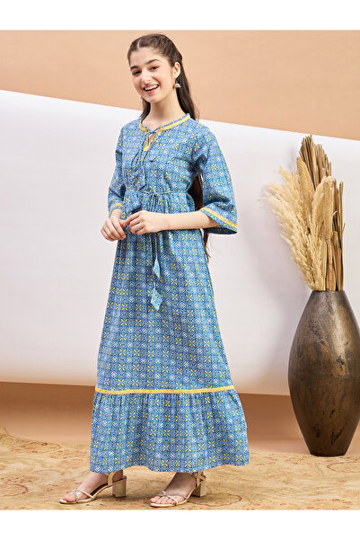 Stylo Bug By Styli All Over Print Tie-Up Neck A-Line Maxi Dress