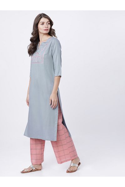 Vishudh By Styli Women Grey Floral Yoke Design Thread Work Kurta