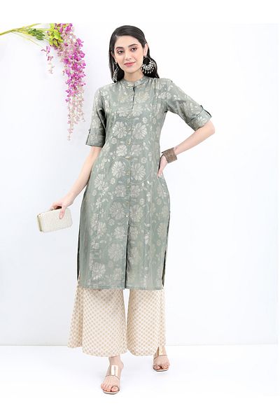 Vishudh By Styli Floral Printed Band Collar A-Line Kurta