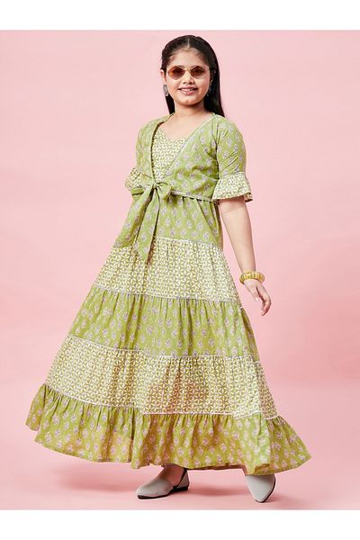 Stylo Bug By Styli All Over Printed Tiered Dress with Tie-Up Detail