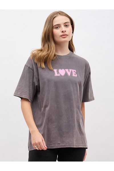 Styli Acid Wash Slogan Print Oversized T-Shirt
