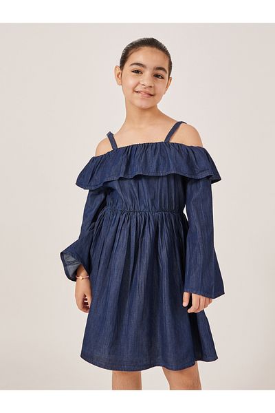 Styli Plain Cold-Shoulder Sleeves Denim Dress