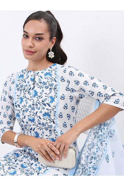 Vishudh By Styli Women White & Blue Floral Printed Kurta Set
