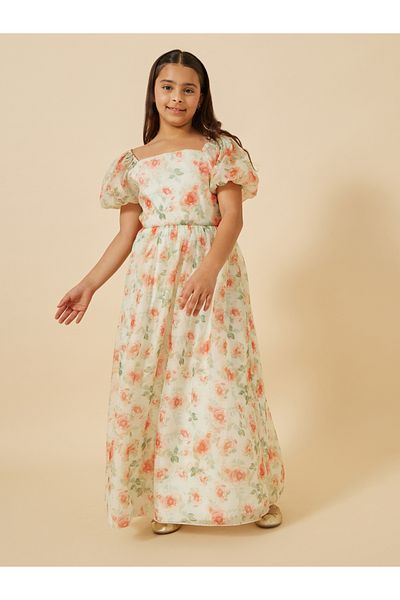 Styli Printed Organza Puff Sleeve Dress