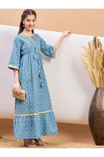 Stylo Bug By Styli All Over Print Tie-Up Neck A-Line Maxi Dress