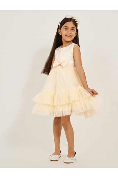 Styli Embellished Layered Ruffle Hem Dress with Bow Detail