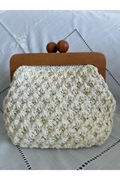 SEVGİÇANTA El Yapımı Ekru Renk Ahşap Burslu Örgü El Çantası Rafya İp