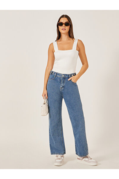 Styli بنطال جينز باهت بارتفاع متوسط وساق واسعة