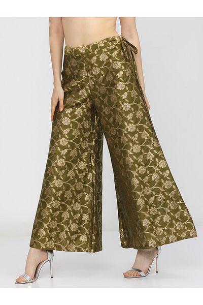 Vishudh By Styli Women Olive & Gold-Toned Floral Woven Designed Palazzo
