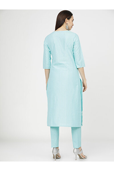 Vishudh By Styli Women Blue Striped Cotton Kurta Set with Dupatta