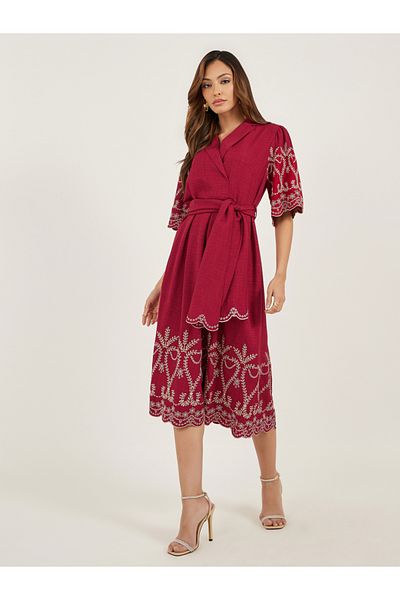 Styli Schiffli Detail Volume Sleeves A-Line Midi Dress