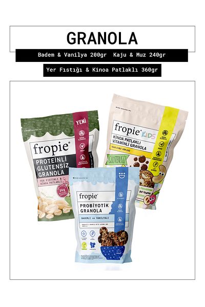 FROPİE Almond & Vanilla - Kids Cashew & Banana Cubes - Gluten-Free Peanut & Quinoa Puffed Granola Set of 3