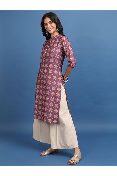 Vishudh By Styli Burgundy Ethnic Motifs Printed Mandarin Collar Straight Kurta