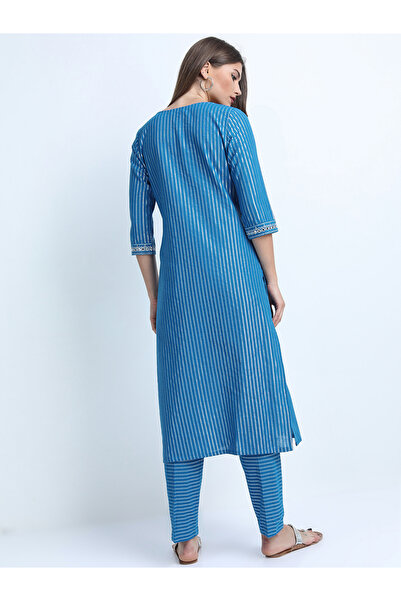 Vishudh By Styli Women Blue Striped Cotton Kurta Set