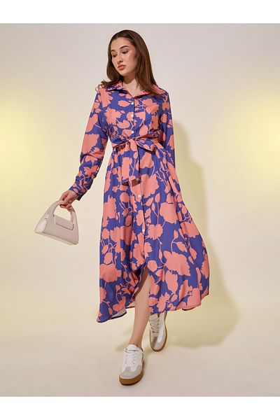 Styli Floral Print Long Sleeves Shirt Midi Dress with Tie Detail