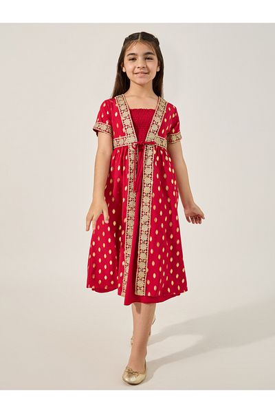 Styli Embroidered Short Sleeve Kimono with Smocked Inner Dress Set