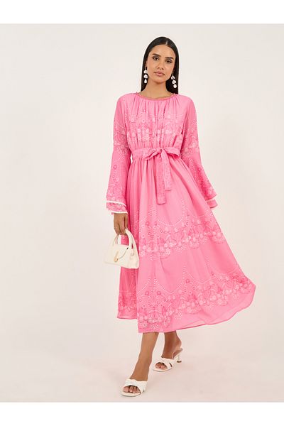 Styli Floral Print Layered Long Sleeves A-Line Maxi Dress