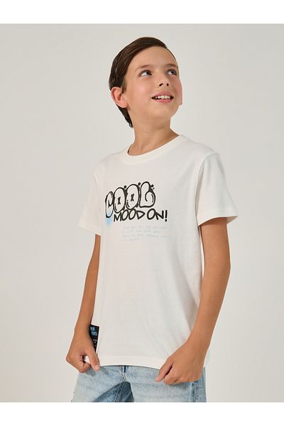 Styli Graphic Print Round Neck T-Shirt with Badge Detail