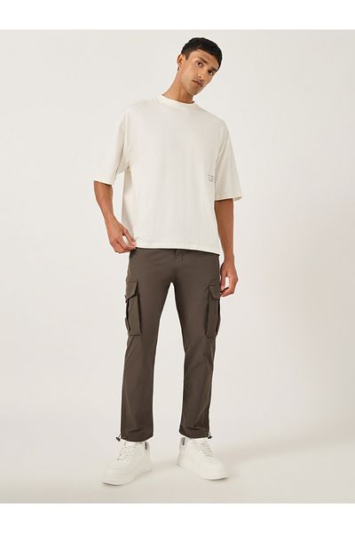 Fort Collins By Styli Men Brown Solid Cargo Pants with Drawstring Hem