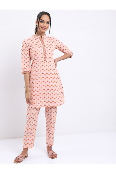 Vishudh By Styli Women Peach Floral Printed Kurta Pant Set
